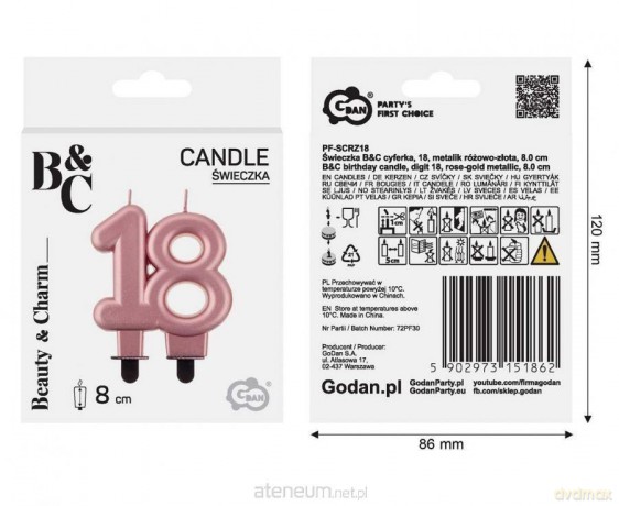 Świeczka B&C cyferka 18 metalik różowo-złota 8cm