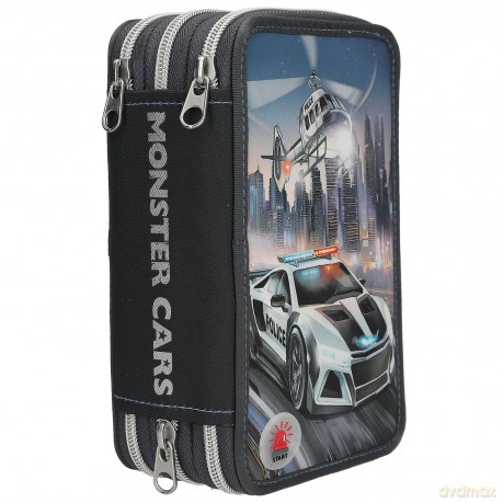 Dino World - Monster Cars Triple Pencil Case with LED, Police Car - (0413333)