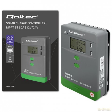 Solarny regulator ładowania MPPT z czujnikiem temperatury 30A | 12V/24V | LCD | 2xUSB | Bluetooth | APP | GEL | LiFePO4