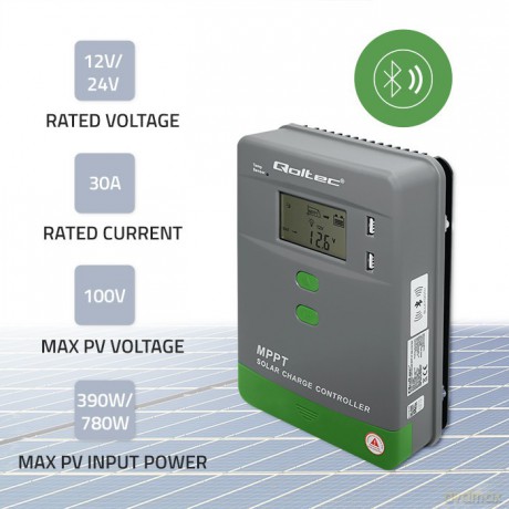 Solarny regulator ładowania MPPT z czujnikiem temperatury 30A | 12V/24V | LCD | 2xUSB | Bluetooth | APP | GEL | LiFePO4