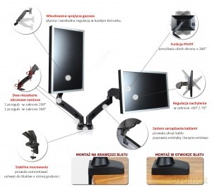 Uchwyt biurkowy na sprężynie gazowej do 2 monitorów LED/LCD 13-27 cali L-13GD