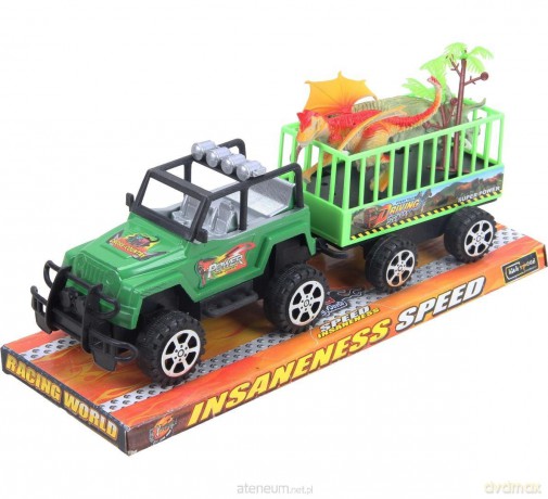 Auto z przyczepą i dinozaurami