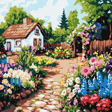 Malowania po numerach - Kwiaty przy chatce 30x30 cm
