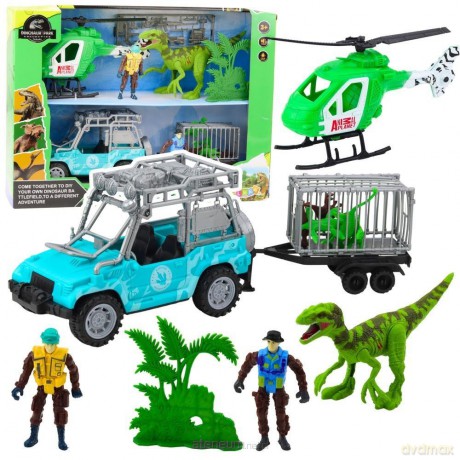 Zestaw z dinozaurem samochód +helikopter + figurki