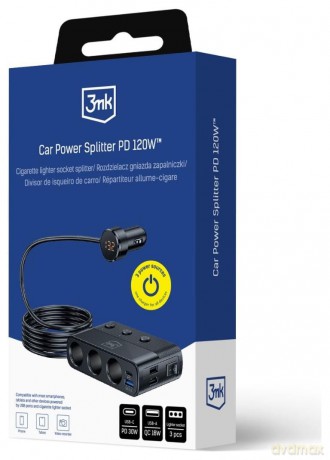 3mk Car Power Splitter 120W PD QC PPS USB 3A1C3Socket Black
