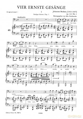 Brahms: 4 Serious Songs Op.121 (Low Voice and Piano) (EP3907B) - Johannes Brahms [KSIĄŻKA]