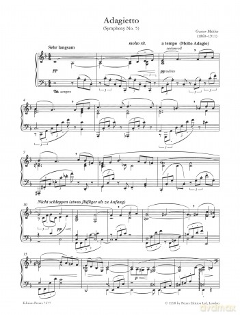 Mahler: Adagietto from Symphony No. 5 (Piano Solo) (EP7477) (Edition Peters) - Gustav Mahler [KSIĄŻKA]