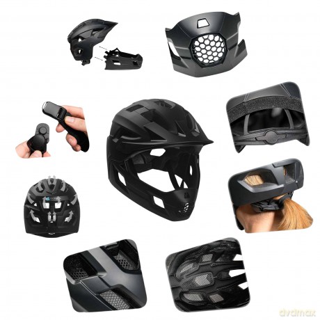 Crazy Safety - Fullface Bicycle Helmet for Kids Age 6-12 with Removable Chin Guard, Bug Net, and Sun Shade - Black - M (54-57 cm) (CS240480)