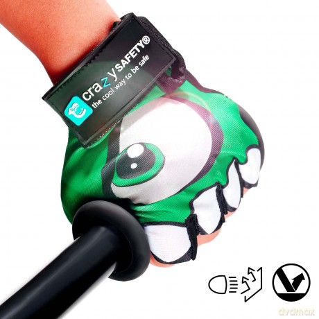Crazy Safety - Kids bike gloves with reflective eyes and padded palms - Green - Size S (CS240101)