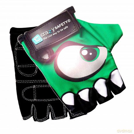 Crazy Safety - Kids bike gloves with reflective eyes and padded palms - Green - Size S (CS240101)