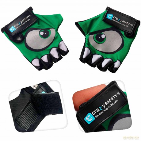 Crazy Safety - Kids bike gloves with reflective eyes and padded palms - Green - Size S (CS240101)