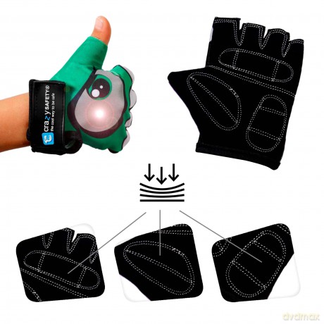 Crazy Safety - Kids bike gloves with reflective eyes and padded palms - Green - Size S (CS240101)