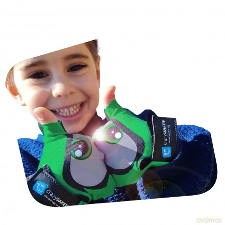 Crazy Safety - Kids bike gloves with reflective eyes and padded palms - Green - Size S (CS240101)