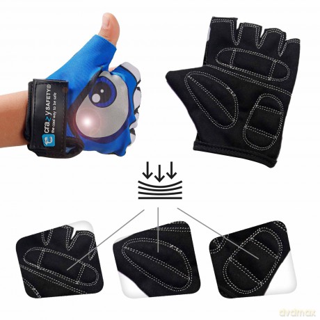 Crazy Safety - Kids bike gloves with reflective eyes, padded palms - Blue - Size S (CS240101)