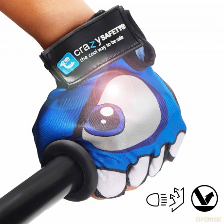 Crazy Safety - Kids bike gloves with reflective eyes, padded palms - Blue - Size S (CS240101)