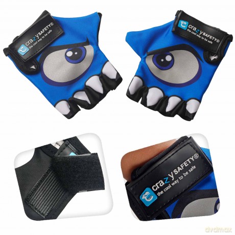 Crazy Safety - Kids bike gloves with reflective eyes, padded palms - Blue - Size S (CS240101)