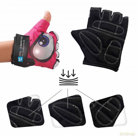 Crazy Safety - Pink kids bike gloves with reflective eyes, padded palms - Pink - Size S (CS240101)