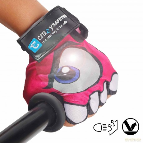 Crazy Safety - Pink kids bike gloves with reflective eyes, padded palms - Pink - Size S (CS240101)