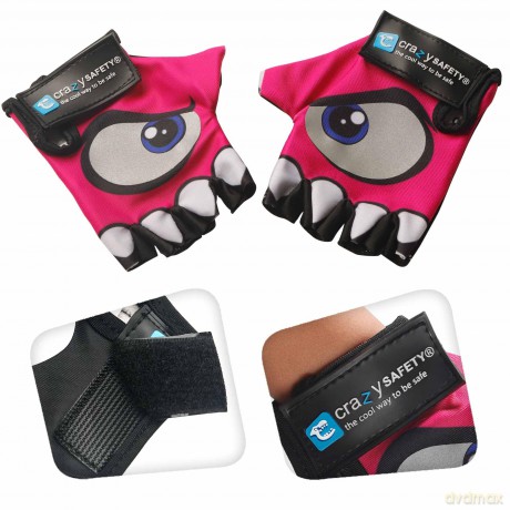 Crazy Safety - Pink kids bike gloves with reflective eyes, padded palms - Pink - Size S (CS240101)