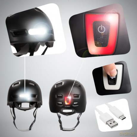 Crazy Safety - Urban Bicycle and Skater Helmet with Front and Rear Lights - Black - L (57-61cm) (CS240201)