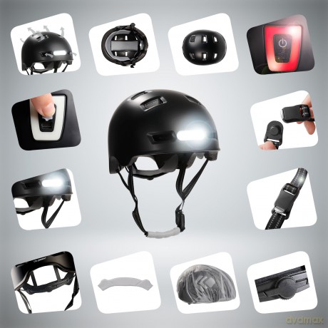 Crazy Safety - Urban Bicycle and Skater Helmet with Front and Rear Lights - Black - L (57-61cm) (CS240201)