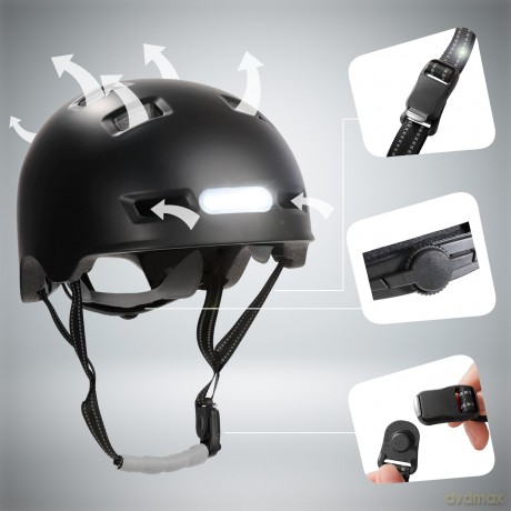 Crazy Safety - Urban bicycle and skater helmet with front and rear lights - Black - M (54-57cm) (CS240201)