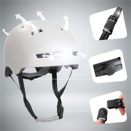 Crazy Safety - Urban bicycle and skater helmet with front and rear lights - Matt White - M (54-57cm) (CS240201)