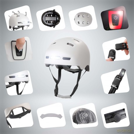 Crazy Safety - Urban bicycle and skater helmet with front and rear lights - Matt White - M (54-57cm) (CS240201)