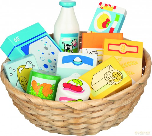 Goki - Toy shop miniatures in a basket, food and household goods