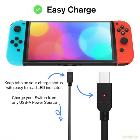 Nyko Charge Link for Nintendo Switch, Switch Lite, and Switch OLED in Black - 2,44 m