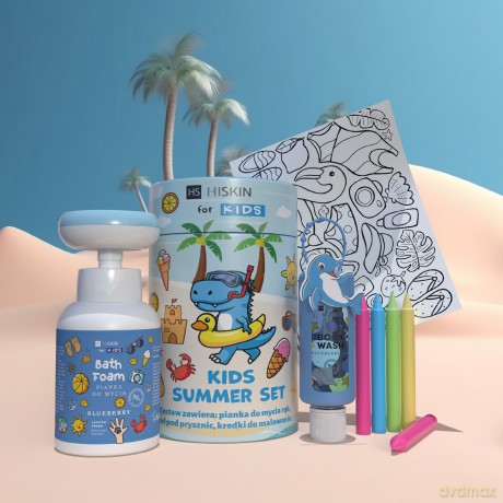 HISKIN Kids Zestaw na wakacje tubie pianka do mycia, żel pod prysznic, w prezencie kolorowe kredki oraz kolorowanki - niebieski