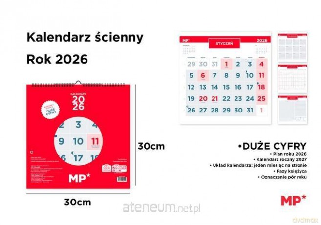 Kalendarz 2026 ścienny 30x30 cm czerwony [KALENDARZ]
