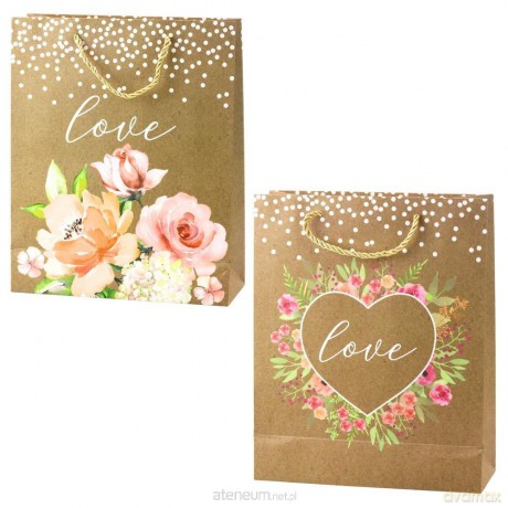 Torba prezentowa 32x26x10 cm Love Kwiaty brokat MIX