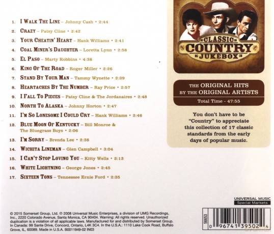 Classic Country Jukebox: I Walk The Line. Crazy. Your Cheatin Heart. Coal Miners Daughter. Stand By Your Man [CD]