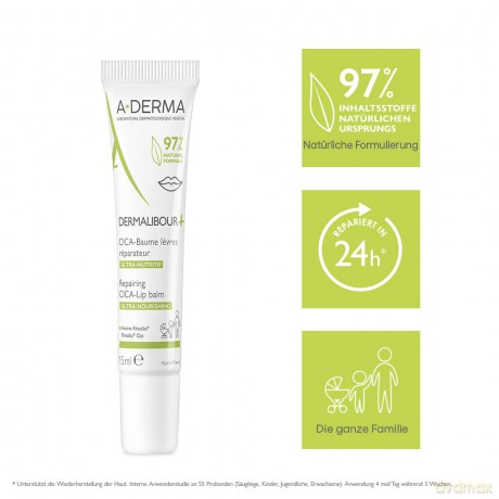 A-DERMA Hydrating lip balm Dermalibour+ (Repairing Cica-Lip Balm) 15 ml