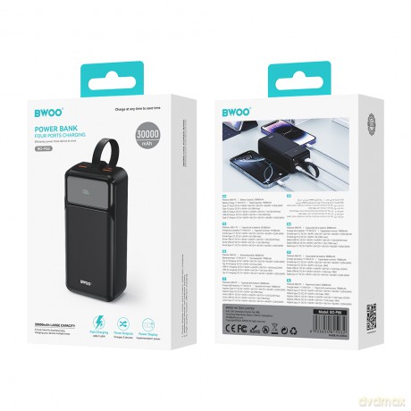 BWOO 65W powerbank 30000 mAh 2 x USB-A, 1 x Type C z wyświetlaczem lcd, czarny