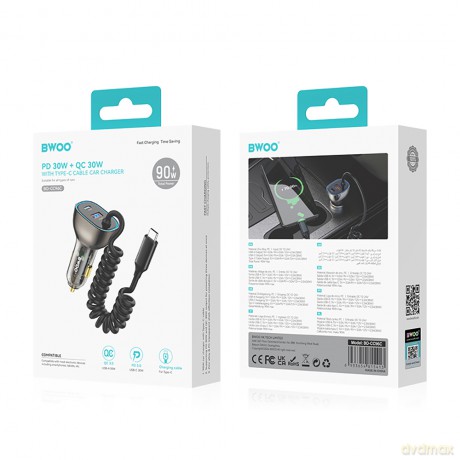 BWOO ładowarka samochodowa PD CC96C 1x USB-C 1x USB 30W z kabelem USB-C szara