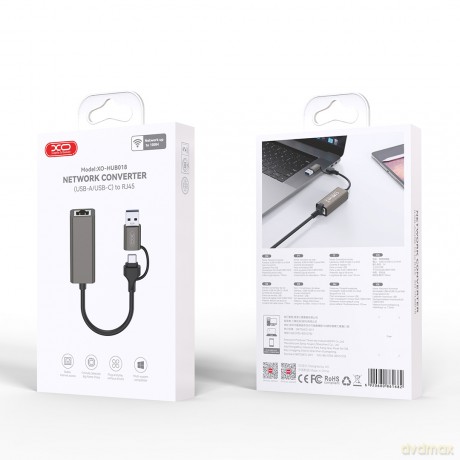 XO adapter HUB HUB018 2w1 USB-USB-C - RJ45 szary