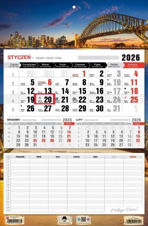 Kalendarz 2026 jednodzielny z planem zajęć Sidney [KALENDARZ]