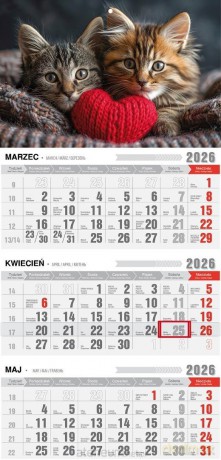Kalendarz 2026 trójdzielny z magnesem kotki [KALENDARZ]