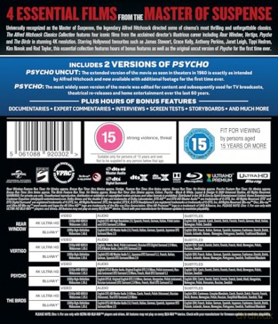 Alfred Hitchcock: Okno Na Podwórze/ Zawrót Głowy/ Psychoza/ Ptaki (Rear Window / Vertigo / Psycho / The Birds) [4xBlu-Ray 4K]+[4xBlu-Ray]