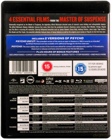 Alfred Hitchcock: Okno Na Podwórze/ Zawrót Głowy/ Psychoza/ Ptaki (Rear Window / Vertigo / Psycho / The Birds) [4xBlu-Ray 4K]+[4xBlu-Ray]