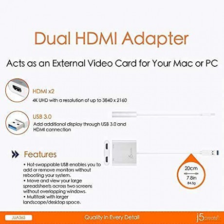 J5 Usb 3.0 To Dual Hdmi Multi-Monitor Adapter