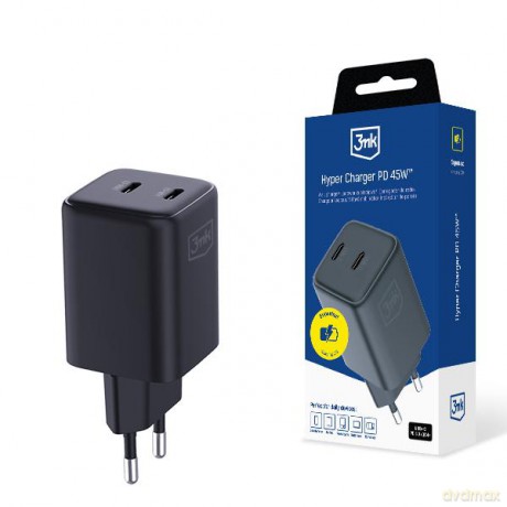 Czarna ładowarka sieciowa 3mk Hyper Charger PD 45W GaN QC4+ S-F Charge 2.0