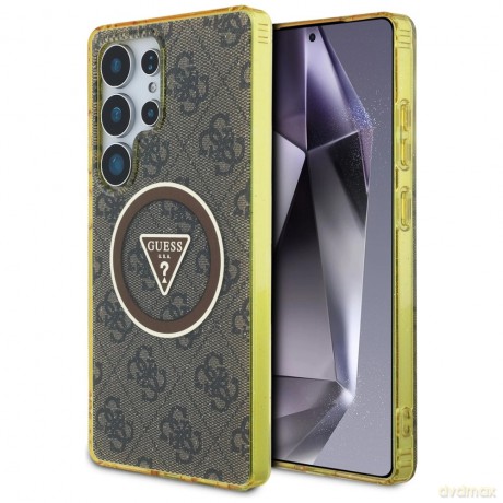 Etui Guess 4G Glitter Triangle Buttons MagSafe do Samsung Galaxy S25 Ultra brązowy