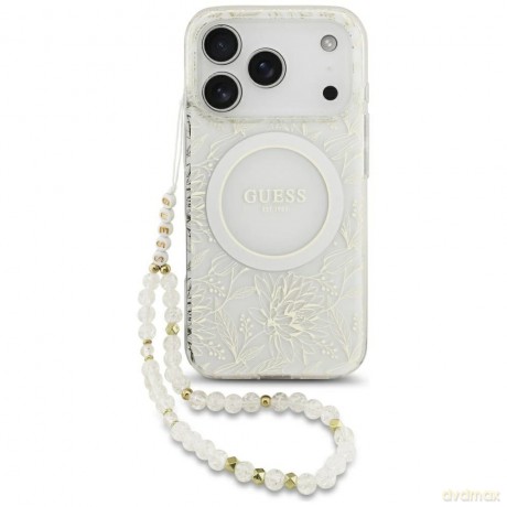 Etui Guess IML Flowers Electro Pearl Strap MagSafe na iPhone 17 Pro - białe
