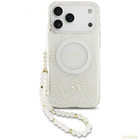 Etui Guess IML Flowers Electro Pearl Strap MagSafe na iPhone 17 Pro Max - białe