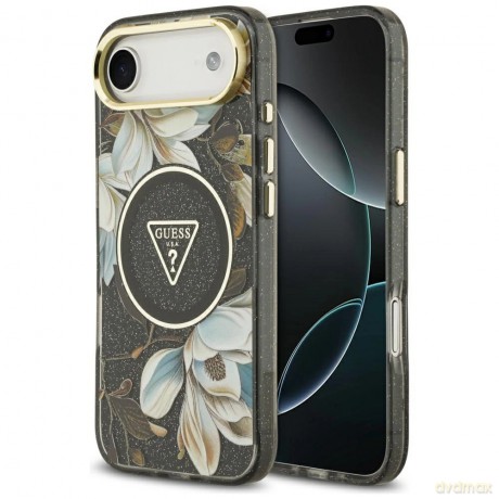 Etui Guess IML Glitter Flowers Triangle MagSafe do iPhone Air - czarne