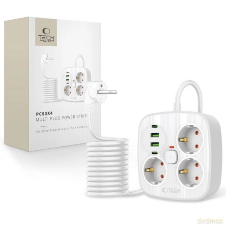 Listwa zasilająca Tech-Protect PCS3X4, 3 gniazda sieciowe, 2xUSB-A, 2xUSB-C 200 cm - biała