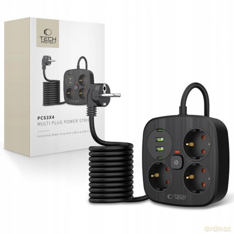 Listwa zasilająca Tech-Protect PCS3X4, 3 gniazda sieciowe, 2xUSB-A, 2xUSB-C 200 cm - czarna
